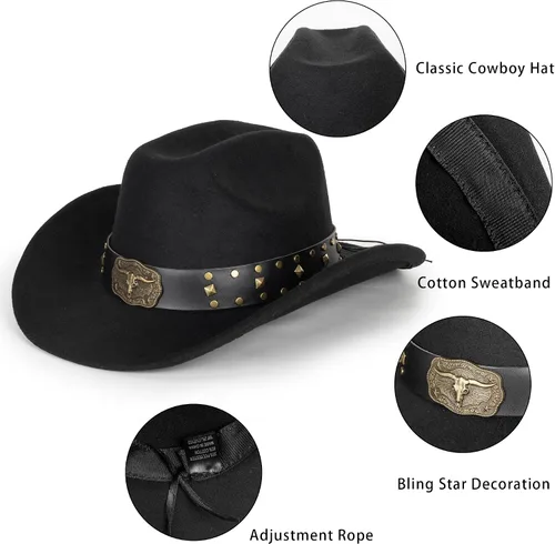Miniatura 20 de Sombrero de vaquero clásico de fieltro occidental para mujeres y hombres de ala ancha con hebilla de cinturón (tamaño: mediano-grande)