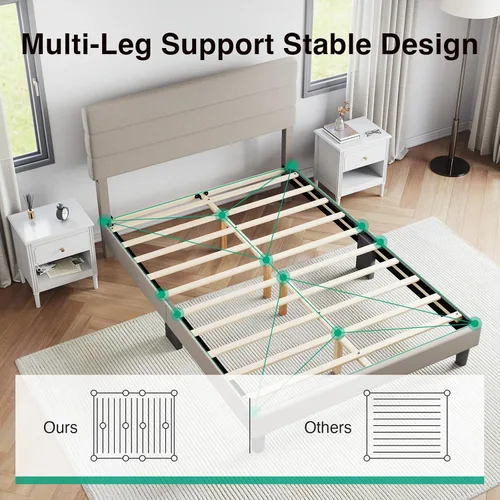 Miniatura 5 de Novilla Base de cama tamaño Queen, base de cama tamaño Queen con soporte de listones de madera, cabecera con rayas tapizada en lino, no necesita