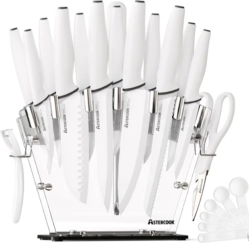 Miniatura 11 de Astercook Juego de cuchillos con bloque y afilador, juego de cuchillos de cocina de 22 piezas, apto para lavavajillas, bloque de cuchillos Rosa