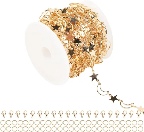 Miniatura 10 de Cadenas chapadas en plata de 33 pies, cadena de latón de estrella y luna, cadenas a granel con anillos de salto, cierres de langosta para hacer