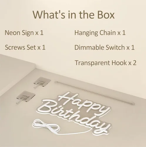 Miniatura 7 de Letrero de neón de feliz cumpleaños con regulación, luz de neón LED de cumpleaños para decoración de pared, luz LED con USB para toda la decoración