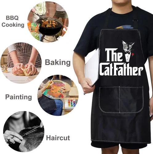 Miniatura 6 de WZMPA Divertido delantal de cocina Catfather con bolsillos, regalo para papá y gato, delantal ajustable para cocinar, hornear, asar a la parrilla