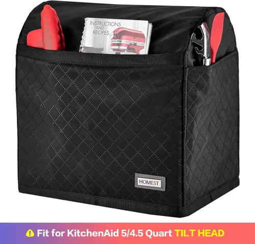 Miniatura 4 de HOMEST Funda Acolchada Antipolvo para Batidora de Pie con Bolsillos Compatible con KitchenAid de 5/4.5 Cuartos de Galón Cabezal Inclinable, Negro