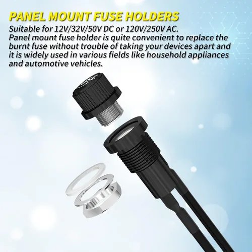 Miniatura 3 de Joinfworld Portafusibles de montaje en panel 5x20mm 12V DC 250V AC con tapas de tornillo Portafusibles con cables presoldados y fusibles de tubo