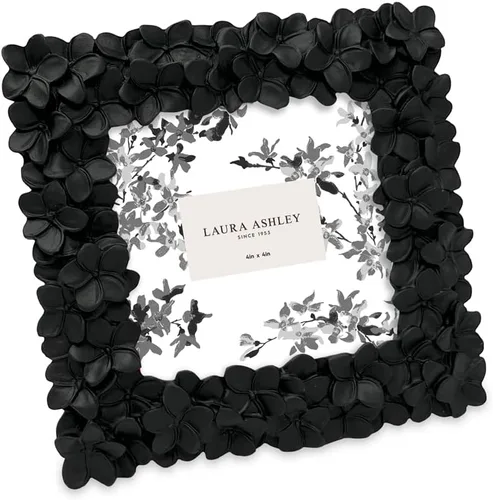 Laura Ashley - Marco de fotos 4x4 negro con textura floral hecho a mano en resina con caballete y gancho para mesa y pared, diseño floral decorativo