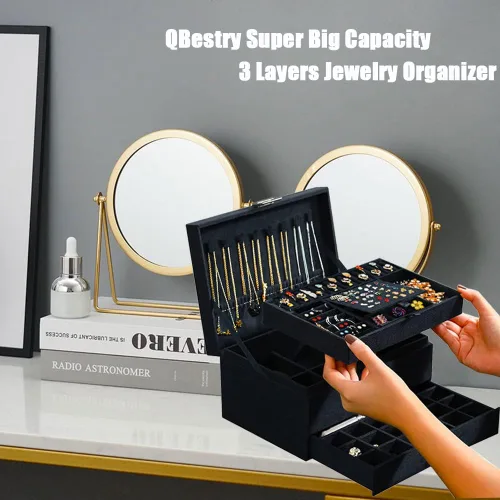 Miniatura 3 de QBestry Caja organizadora de joyas para mujeres y hombres caja de joyería de terciopelo negro de 3 capas grande de almacenamiento de joyas