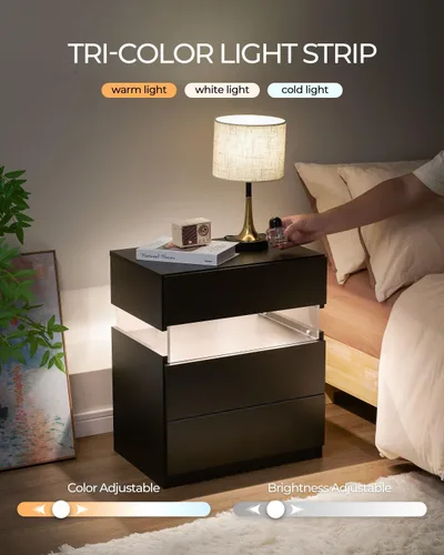 Miniatura 5 de Bingoday Juego de 2 mesitas de noche LED para dormitorio, juego de 2 mesitas de noche modernas con 3 cajones, mesa auxiliar para dormitorio