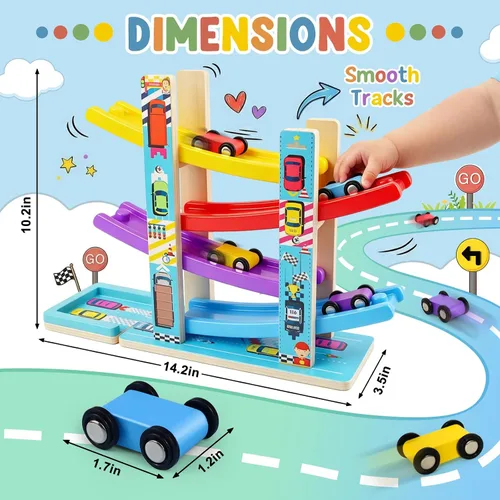 Miniatura 5 de Heirio Juguetes Montessori para niños y niñas de 1, 2 y 3 años, juguete de rampa de madera sin montaje con 4 autos de carreras y estacionamiento