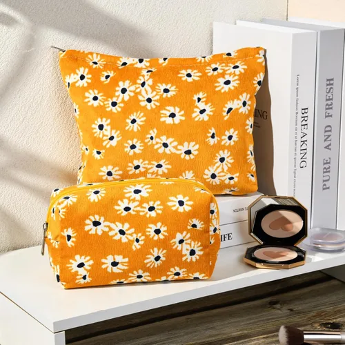 Miniatura 2 de SOIDRAM 2 piezas de bolsa de maquillaje con flores, gran capacidad de cosméticos, bolsa de lona mixta, bolsa de artículos de aseo para viajar