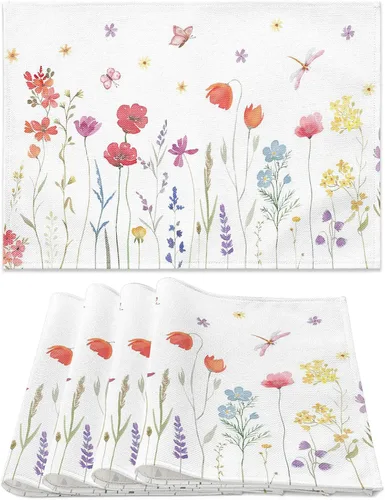 Miniatura 9 de Juego de 6 manteles individuales para primavera y verano, diseño floral, antideslizante, resistente al calor, tela de lino de algodón, cuadrados