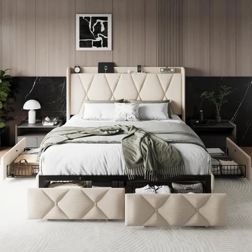 Miniatura 7 de Einhomn Marco de cama de tamaño completo con 4 cajones de almacenamiento y estación de carga, marco de cama plataforma tapizada con cabecera de Beige