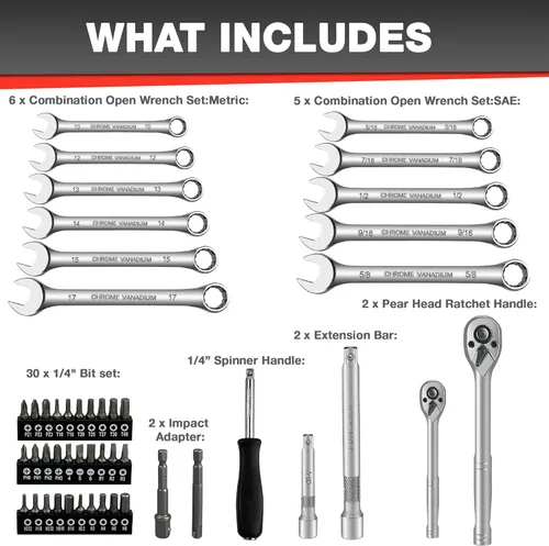 Miniatura 3 de EACELIY 122 piezas Juego de llaves de impacto de 1/4" y 3/8" con trinquete, juego de llaves de enchufe con barra de extensión, adaptador, brocas