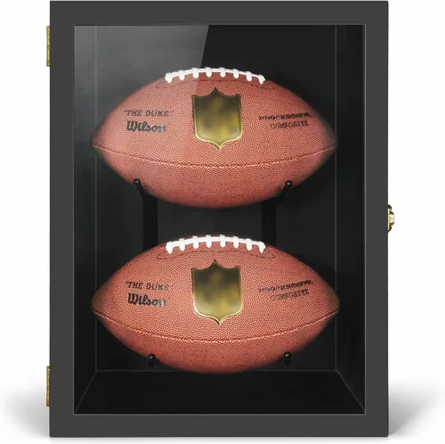TJ.MOREE Estuche de fútbol con 2 fundas de fútbol tamaño completo, soportes para rugby para exhibir pelotas, caja de sombra de montaje en pared con