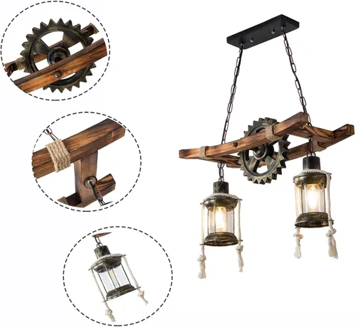 Miniatura 6 de Lámpara colgante de madera vintage industrial estilo vintage, lámpara de loft retro, lámpara de suspensión para cafetería, restaurante, isla