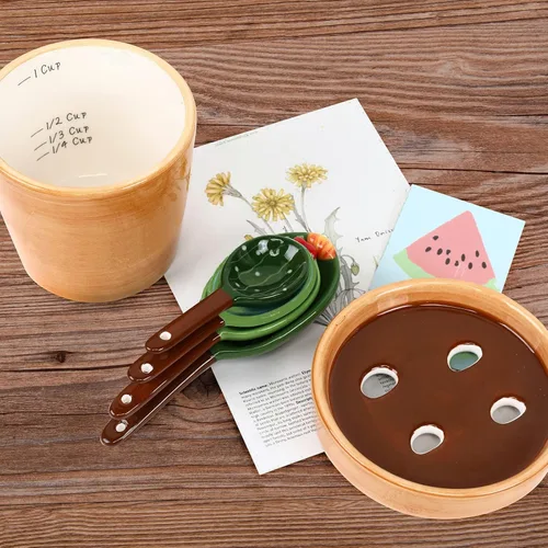 Miniatura 2 de Juego de 5 cucharas medidoras/cucharas de cerámica y taza base medidora/para ingredientes secos y líquidos, bonita forma de cactus