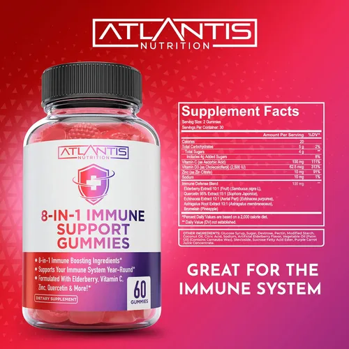 Miniatura 7 de Atlantis Nutrition Gomitas de apoyo inmunológico 8 en 1 con saúco Suplemento inmunológico con saúco, quercetina, zinc, vitamina C - Potenciadores