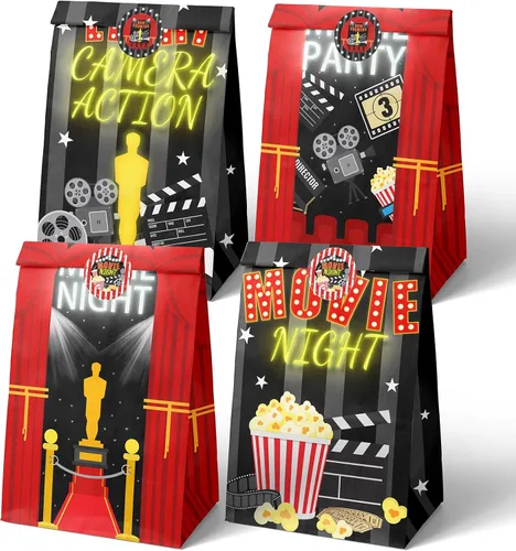 HaPiBiDesign Bolsas de recuerdos de fiesta de noche de película, 24 bolsas de dulces con calcomanías, suministros temáticos para fiestas de