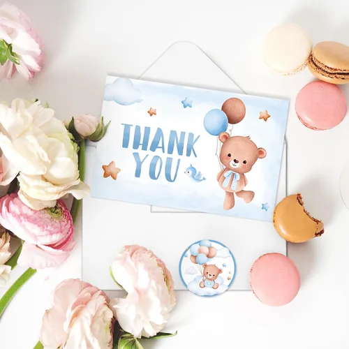 Miniatura 6 de AnyDesign Tarjetas de agradecimiento de oso para baby shower, paquete de 30 tarjetas de felicitación con globos de oso azul de dibujos animados