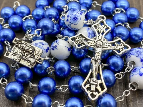 Miniatura 4 de Nazareth Store Pearl Beads Rosary White Flowers Beaded Necklace Lourdes Medal & Cross Crucifix