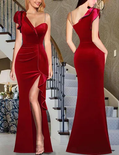 Miniatura 2 de VFSHOW Vestido largo de fiesta formal con volantes y tirantes para el hombro, para mujer, vestido largo sexy con cuello en V dividido para cóctel
