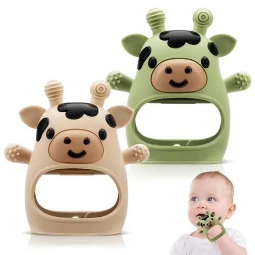 Paquete de 2 juguetes de dentición para bebés de 0-6 y 6-12 meses, manoplas ajustables anti-caída para muñeca, juguetes masticables de bebé de