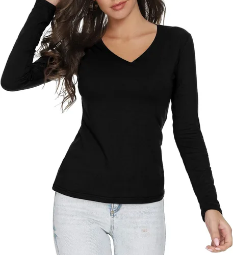 Miniatura 3 de LINDLOOK Camiseta de manga larga ajustada con cuello en V y cuello redondo para mujer, camiseta básica de algodón suave