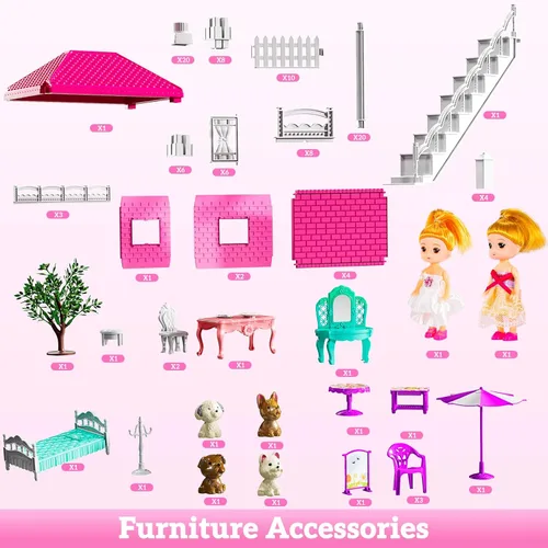 Miniatura 7 de JUKUDAHU Juego de villa para niñas de 3 a 7 años, juego de interior para niñas con 2 pisos, 3 habitaciones, 2 muñecas para edades de 6 a 8 años