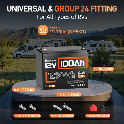 Miniatura 9 de Baterías LiFePO4 de 12 V y 100 Ah, sistema BMS de 100 A, tamaño Grupo 24, 1280 Wh, 15,000 ciclos y 10 años de vida; uso marítimo y solar, RV, fuera