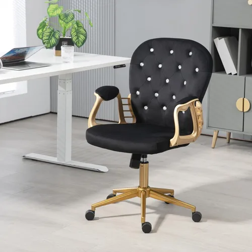 Miniatura 2 de Silla de escritorio de terciopelo para oficina en casa cómoda con base dorada, cómodas sillas giratorias de maquillaje para tocador con respaldo