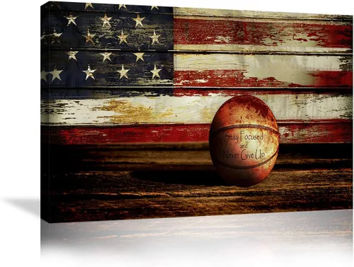 Miniatura 20 de Urttiiyy Arte de pared con bandera estadounidense, impresiones en lienzo de baloncesto, Línea Azul Roja Delgada, decoración del hogar, imágenes