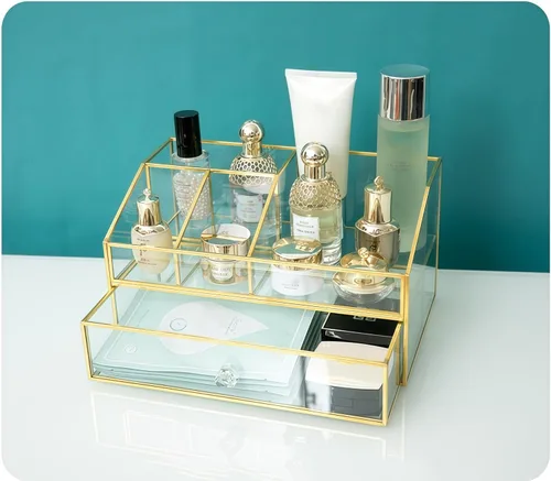 Miniatura 5 de JIARI Organizador de maquillaje de cristal con cajón, caja de exhibición de joyas con marco de latón dorado, almacenamiento de cosméticos
