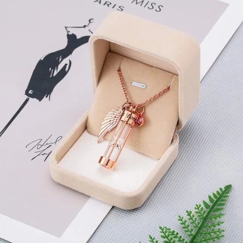 Miniatura 18 de PREKIAR Collar de urna de cremación para cenizas en forma de reloj de arena con dije de recuerdo 12 piedras de nacimiento y un ala de ángel