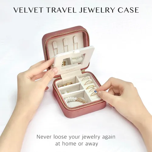 Miniatura 34 de BLUTETE Joyero de viaje organizador de terciopelo con anillos de espejo, aretes, collares, caja organizadora de almacenamiento (negro)