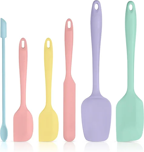 Tomorotec Paquete de 6 espátulas de silicona de varios tamaños, 5 colores macarrones, diseño de una sola pieza, bordes flexibles antiarañazos para