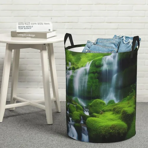 Miniatura 8 de Waterfall Green print Circular Hamper Waterproof Storage Bin Organizer Basket Laundry Hamper With Handles For Clothes Toys Small