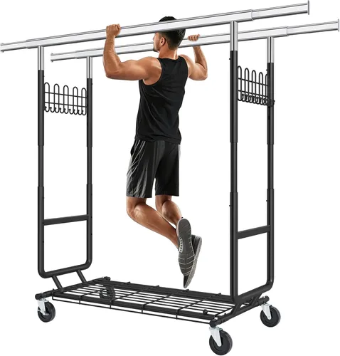 Miniatura 15 de Gewudraw Perchero resistente para ropa con capacidad de carga de 240 kg, estante de ropa de metal con ruedas y estantes resistentes, perchero Plata