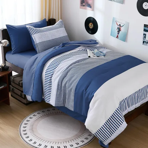 Miniatura 16 de Juego de edredón azul tamaño individual, edredón clásico a rayas para niños y niñas, juego de cama de 5 piezas en una bolsa, juego de ropa de cama