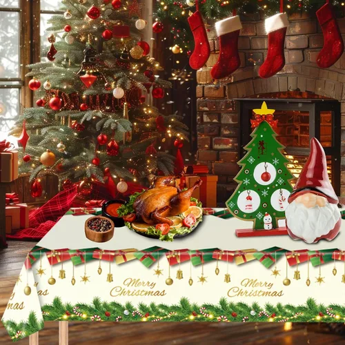 Miniatura 3 de Mantel navideño desechable de plástico, 3 piezas de 54 x 108 pulgadas, mantel rectangular de vinilo blanco de Navidad con la frase "Merry