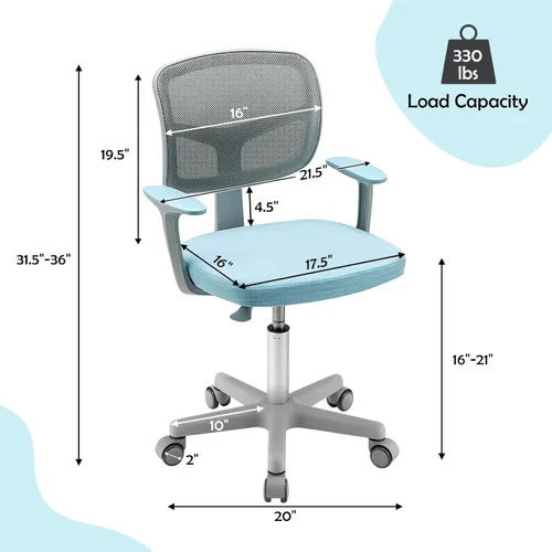 Miniatura 3 de HONEY JOY Silla de escritorio para niños, silla de estudio para niños de altura ajustable, silla giratoria de malla para estudiantes, ruedas Azul