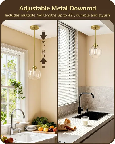 Miniatura 3 de EDISHINE Luces Colgantes para Isla de Cocina, Moderna Lámpara Colgante Dorada con Pantalla de Globo de Vidrio Transparente, Varilla de Metal Dorado