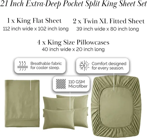 Miniatura 363 de Southshore Fine Living, Inc. Juego de 7 piezas de sábanas King divididas para cama ajustable, juego de sábanas King divididas con bolsillo de 21