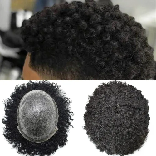 Miniatura 7 de Tupé rizado afro para hombres negros, tejido de pelo rizado para hombres, 8 x 10 pulgadas, pelo rizado de poliuretano completo, pieza de pelo rizado