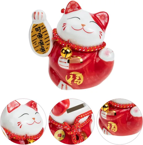 Miniatura 9 de Tofficu Adorable banco de monedas de cerámica roja de gato de la suerte, decoración de Feng Shui, bonita decoración de habitación, gato chino
