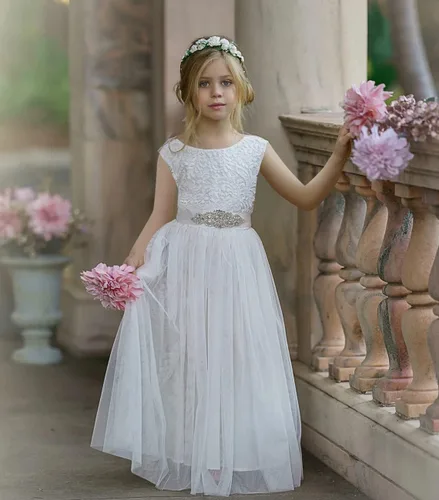 Miniatura 2 de MCieloLuna Vestidos de tul de longitud completa con encaje en la espalda para niña con lazo para fiesta, cumpleaños, primera comunión MC27