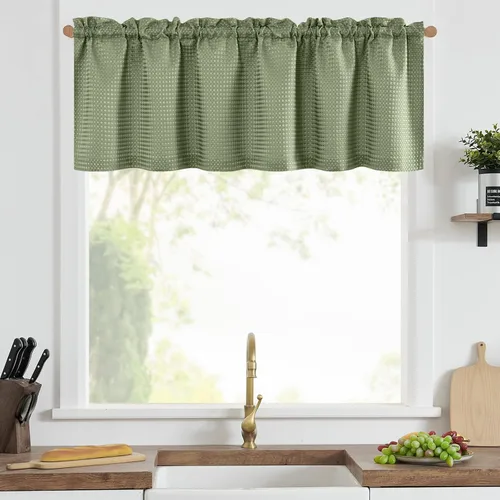 Miniatura 2 de Cenefa con textura de tejido waffle para cocina, cortinas de ventana impermeables (60 x 18 pulgadas, Sage, un panel)