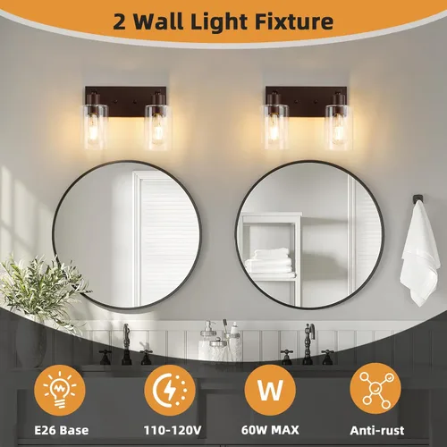 Miniatura 5 de 2 Luces de Iluminación para Baño, Accesorios de Iluminación de Tocador en Bronce Cepillado con Soporte de Vidrio Transparente de 33cm, Lámparas