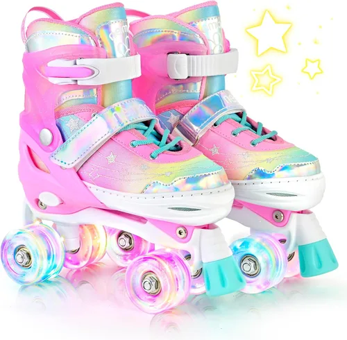 Miniatura 19 de NEMONE - Patines de sirena con ruedas iluminadas y 4 tamaños ajustables para niñas, azul y morado, para niños pequeños, para principiantes, de C