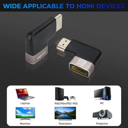 Miniatura 5 de Adaptador HDMI Plano de 8K de 90 Grados y 270 Grados Chapado en Oro Paquete de 2, Adaptador Plano Vertical HDMI Macho a Hembra en Ángulo Recto