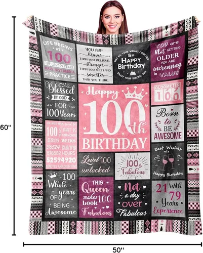 Miniatura 8 de Ivivis Regalos de 100º Cumpleaños para Mujeres Manta 60"x50", Suministros de Decoraciones para Fiesta de 100º Cumpleaños, Regalos de Feliz 100º