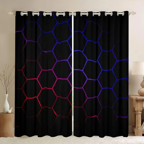 Miniatura 55 de Feelyou - Cortinas de ventana en forma de panal, tema geométrico hexagonal con luces de neón verdes, para chicos adolescentes y hombres, elegante